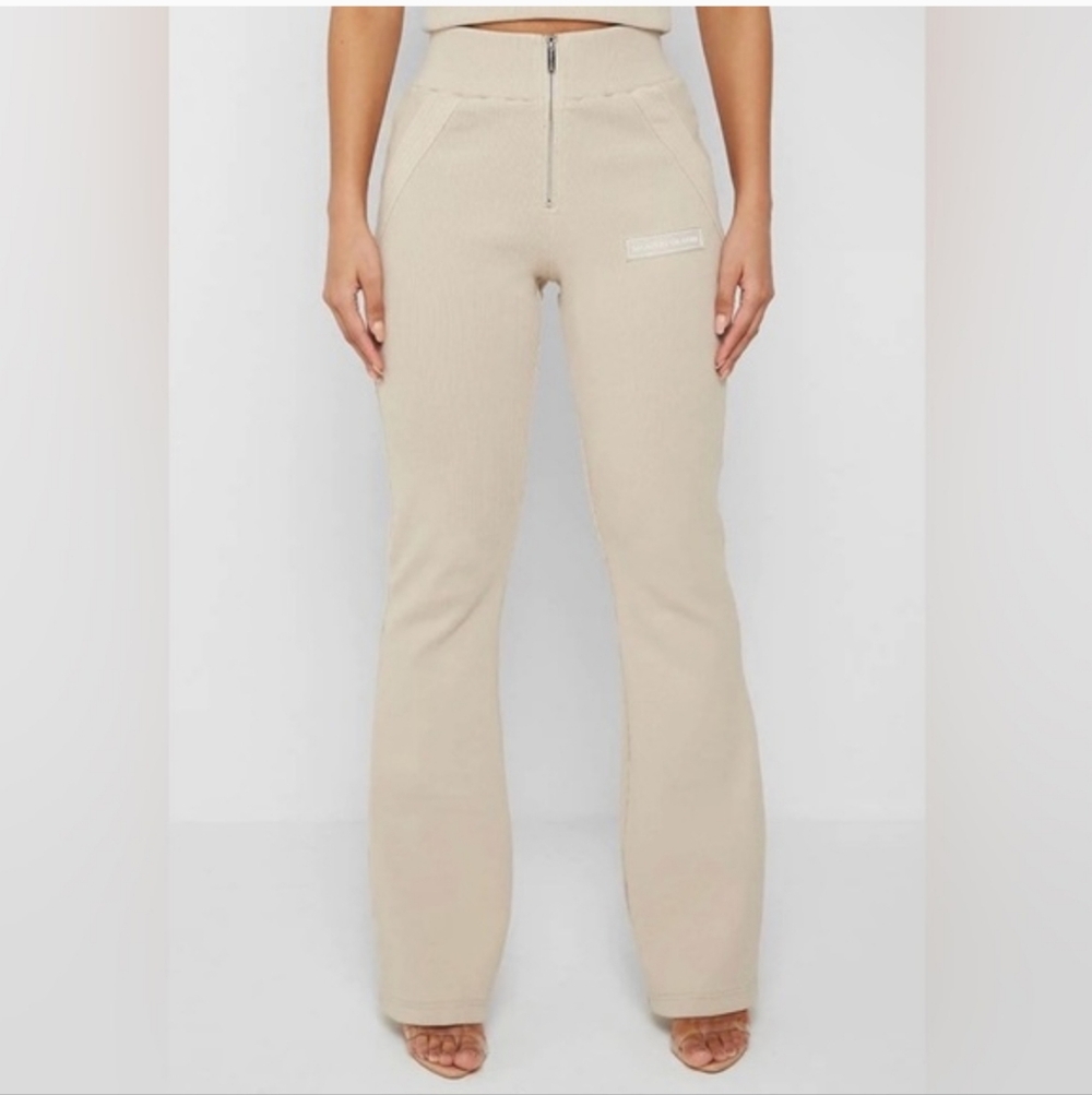 Maniere De Voir‎ Womens Ribbed Flare Pants Beige High Waisted Front Zip Small